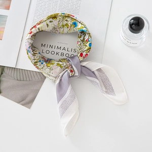 Floral print faux silk square scarf with colorful hand-painted botanical patterns