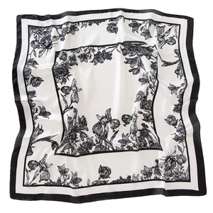 Floral print faux silk square scarf with hand-drawn botanical patterns and black border