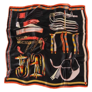 Vintage silk square scarf featuring black equestrian chain prints and orange borders