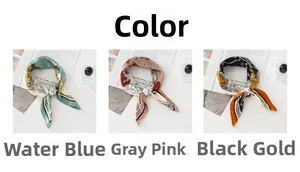 Détails de foulards en satin à imprimé floral et chaîne en bleu, rose et noir avec doré
