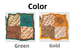 Detail view of French retro square silk scarves with horse prints in green and gold colors