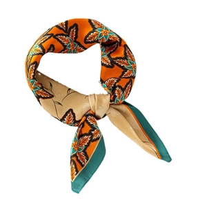 Contrast maple leaf print faux silk square scarf in orange and beige with green border