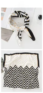 Détail d'un foulard en soie montrant des pois jaunes et des motifs zigzag noirs