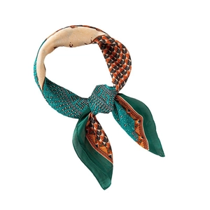 French vintage emerald silk square scarf with horse and geometric print pattern