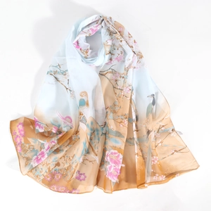 Elegant magpie and floral print chiffon silk scarf with gradient blue and orange tones
