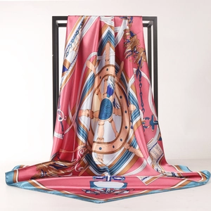 Elegant 90cm silk-satin square scarf with nautical ship wheel print and pink border