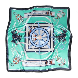 Elegant nautical print satin square scarf with mint green border and ship wheel design