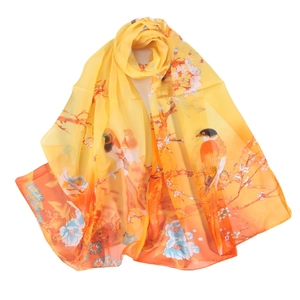 Elegant magpie print chiffon scarf with orange gradient effect for summer sun protection