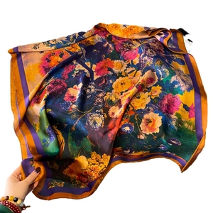 Elegant floral print faux silk scarf with vibrant peony patterns and colorful borders