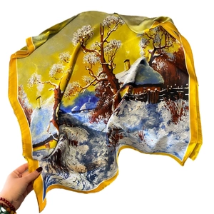 Lijin satin silk shawl with vintage oil painting print and vibrant yellow border edge
