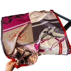 Lustrous silk-like shawl with equestrian letter print and red borders for women
