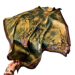Elegant satin scarf with vintage Chinese ink painting of bamboo and plum blossoms