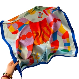 Fashionable horse print satin silk scarf with colorful geometric abstract patterns