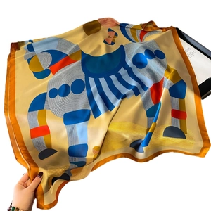 Golden silk scarf with abstract horse print and satin finish for women beach shawl