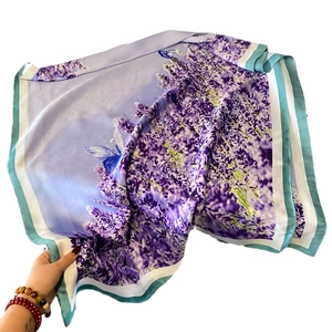 Lavender and butterfly print silk scarf in lilac and sky blue with mint green border