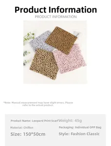 Detail view of leopard print chiffon scarves in four colors, size 150x50cm with light texture