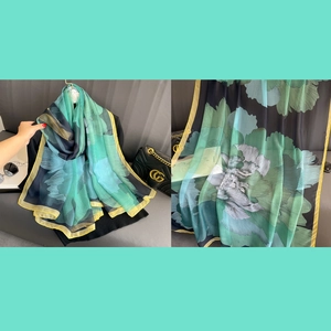 Emerald green peony print oversized silk scarf with contrast yellow piping for women