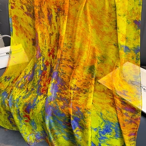 Elegant oil painting style long silk scarf with vibrant abstract print for summer beachwear