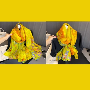 Vibrant oil painting print faux silk long scarf with abstract yellow and orange patterns