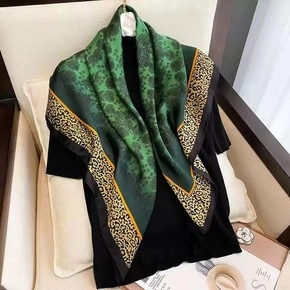 Emerald green floral and leopard print oversized silk scarf shawl for women