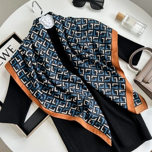 Elegant Square Satin Scarf Polyester Twill Satin Geometric Alphabet Print Versatile Fashion Shawl For Women