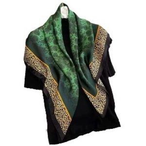 Emerald green floral faux silk shawl scarf with leopard print accent for women