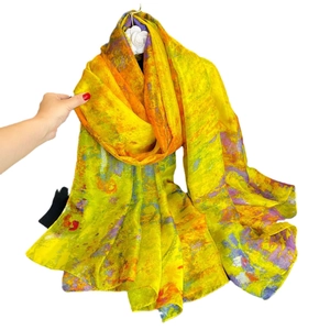 Artistic oil painting silk scarf with yellow and purple floral patterns for women
