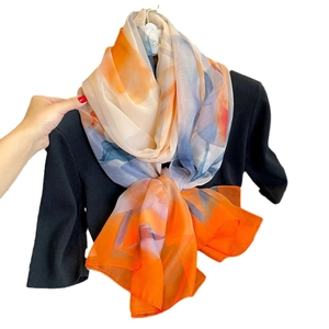 Fashion floral print silk shawl with abstract orange and blue color blocks