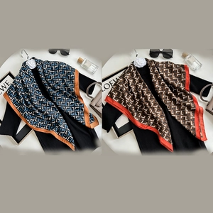 Silk-feel square scarf with geometric pattern and logo print for business fashion