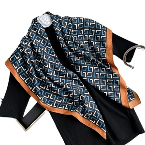 90cm letter print silk scarf with caramel border and camellia flower decoration