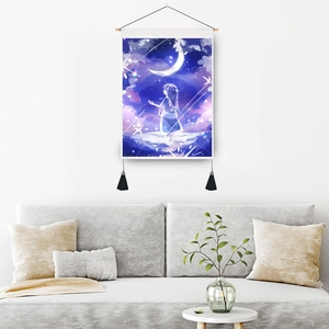 Anime tapestry showing a girl under a purple starry sky with wooden rod and black tassels