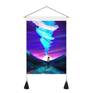 Celestial girl digital print tapestry with wood hanging rod and black tassels decoration