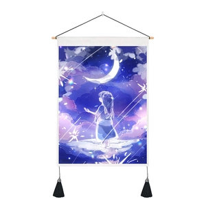 Anime girl looking at crescent moon tapestry with wooden scroll and black tassels