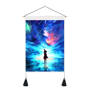 Anime starry sky wall tapestry with blue celestial art, wooden frame and black tassels