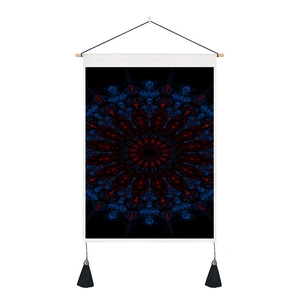 Bohemian black mandala tapestry with wood hanger, red and blue radial geometry pattern