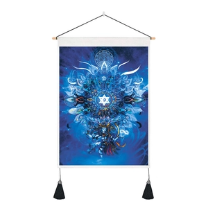Blue Bohemian mandala tapestry with Om symbol, wooden pole and tassels for wall decor