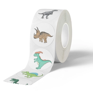 Roll of 500 cartoon dinosaur round stickers for kids with various colorful dinosaur designs