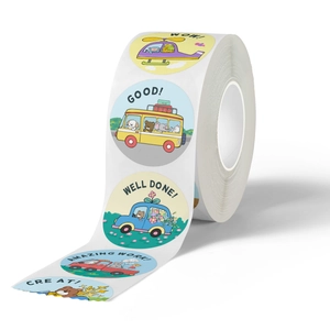 Roll of cartoon animal reward stickers with WOW and Well Done text for students