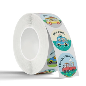 Roll of cartoon animal reward stickers with positive English phrases for kids and students