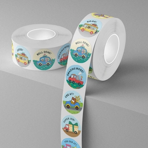 Roll of reward stickers for kids with cartoon animals and encouraging phrases like Well Done