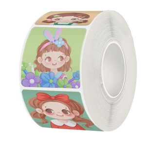 Rolle mit 500 süßen Cartoon-Mädchen Aufklebern für Scrapbooking und DIY Deko auf weißem Grund