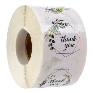 1-inch floral thank you stickers roll with green leaves and gold hexagon design