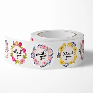 Floral Thank You stickers roll with various colorful flower patterns for wedding favors
