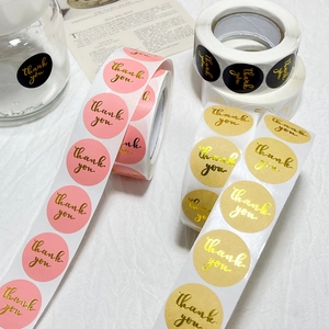 Pink and black round gold foil thank you stickers for wedding favors and gift sealing