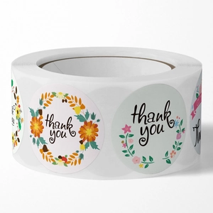Roll of four floral thank you stickers for wedding favors and gift packaging decoration