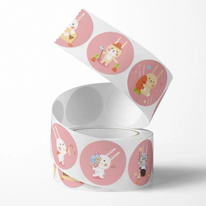Cute bunny rabbit round decorative stickers roll with cartoon animal patterns and pink background