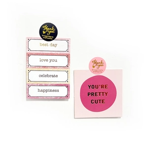 Pink and black round Thank You labels with gold foil greeting cards for wedding decor