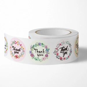 Floral Thank You stickers roll with colorful wreath designs for gift packaging