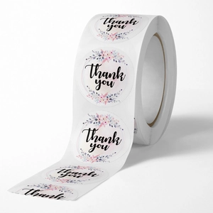 Floral Thank You stickers on a roll for wedding favors and gift packaging labels