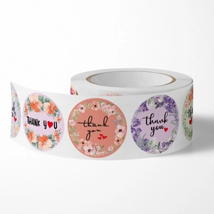 Floral Thank You stickers roll with elegant flower wreath designs for gift packaging